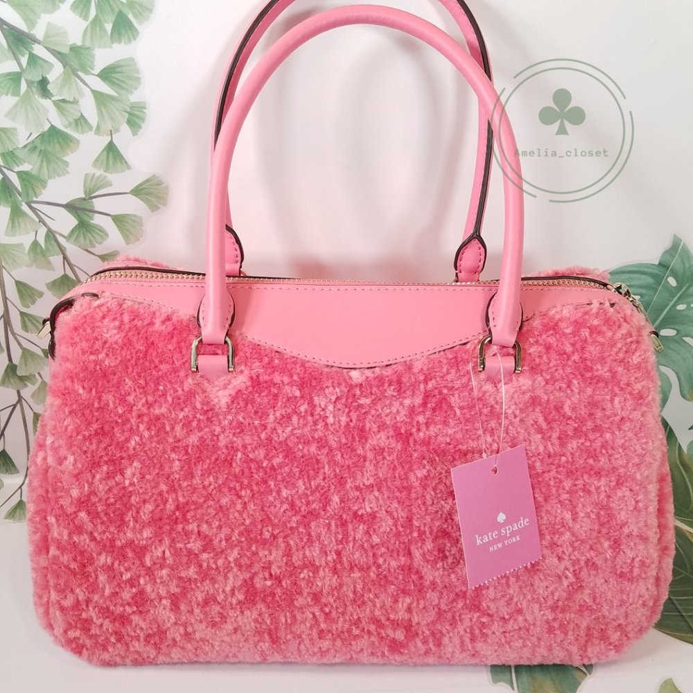 MAKE AN OFFER KATE SPADE MIMI FAUX FUR SATCHEL CROSSBODY BRIGHT BLUSH PINK - Picture 6 of 11